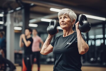 Medium shot portrait photography of a determined old woman doing kettlebell exercises in a gym....
