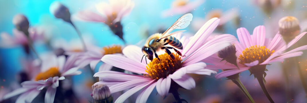 Bee collecting nectar in a magical floral garden. The wasp sits on flower, works. Seasonal spring summer background. Wide, broad. Bright sunny day. Fairy garden meadow. Macro artistic. Generative AI.