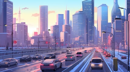 a winter morning scene in a cityscape with cars driving on the street. Fantasy concept , Illustration painting.