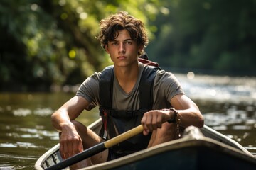 Studio portrait photography of an exhausted boy in his 20s practicing canoeing in a river. With generative AI technology