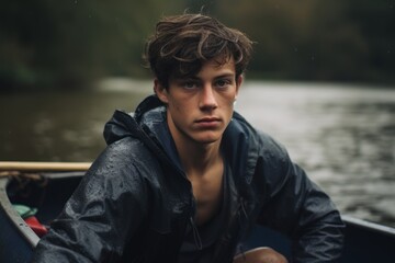 Photography in the style of pensive portraiture of a drained boy in his 20s practicing canoeing in a river. With generative AI technology - obrazy, fototapety, plakaty