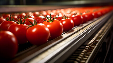 tomatoes on a conveyor belt. ai generative