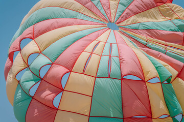 Very close up photo of open colorful parachute, flying in an air. Sunny day