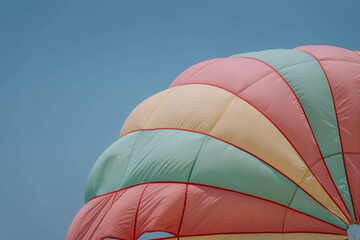 Fototapeta premium Part of open colorful parachute, flying in an air. Sunny day. Blue sky is visible behind a parachute. Very close up photo