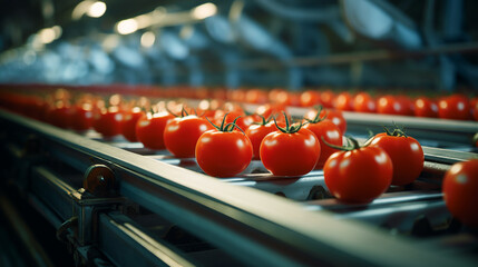 tomatoes on a conveyor belt. ai generative - obrazy, fototapety, plakaty