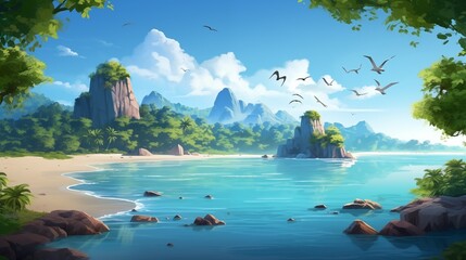 a tropical and island landscape with some birds flying over. Fantasy concept , Illustration painting. © X-Poser