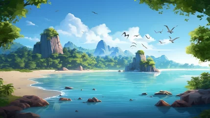 Poster a tropical and island landscape with some birds flying over. Fantasy concept , Illustration painting. © X-Poser