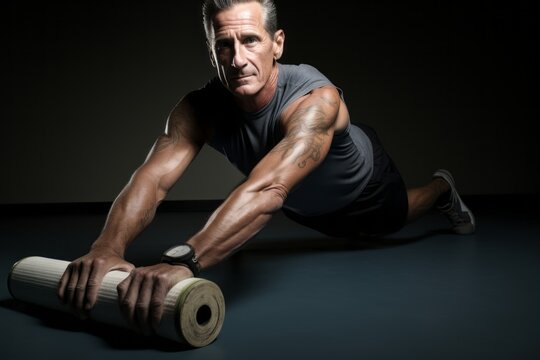 Three-quarter studio portrait photography of an active mature man doing exercises on a foam roller in an empty room. With generative AI technology