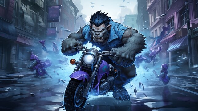 A terrible monster beast rides his motorcycle against the background of the city. Fantasy concept , Illustration painting.