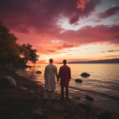a doctor and a chef, on a serene island, holding hands facing the sunset. AI generative