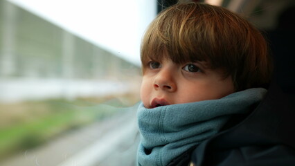 Pensive child traveling by train leaning on window looking at scenery pass by in high-speed. one small caucasian boy wearing scarf stares at view from wagon - obrazy, fototapety, plakaty