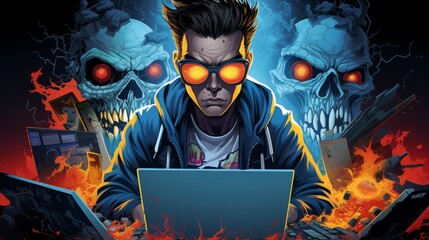 A sinister hacker with glasses is sitting at a laptop against the background of flying skulls. Fantasy concept , Illustration painting.