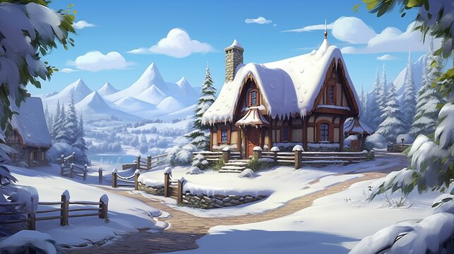 a snowy scene showing a winterhouse. Fantasy concept , Illustration painting.