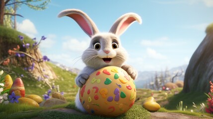A cartoon rabbit holding a huge Easter egg picture is the Easter bunny.