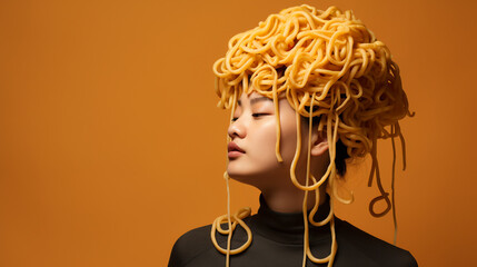 noodles hanging on a person's ears. ai generative