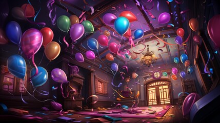 a room with balloons and confetti in a hallway, New Year's Eve. Fantasy concept , Illustration painting.