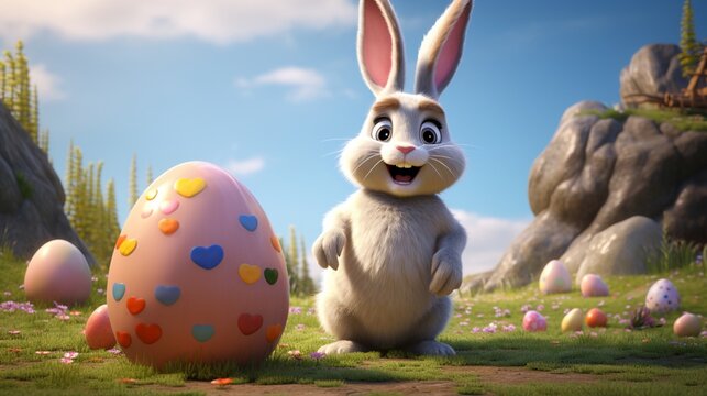 A cartoon rabbit holding a huge Easter egg picture is the Easter bunny.