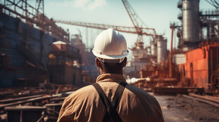 Fototapeta premium male worker in a helmet on the background of a shipyard. ai generative
