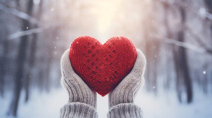 hands in winter gloves hold a knitted heart against the backdrop of a winter landscape. ai generative