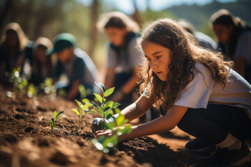 A group of school children planting native trees as part of an environmental project for Australia Day. Concept of conservation and education. Generative Ai. - obrazy, fototapety, plakaty