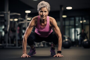 tired mature woman doing plyometric exercises in a gym