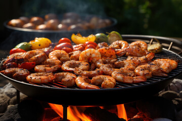 A barbecue sizzling with sausages and prawns on Australia Day. Concept of outdoor celebrations and culinary traditions. Generative Ai.