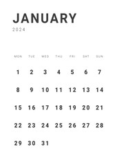 Monthly page Calendar Planner Templates of January 2024. Vector layout of simple calendar with week start Monday for print. Page for size A4 or 21x29.7 cm - obrazy, fototapety, plakaty