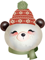 niedlicher Panda Bär mit Pudelmütze im Winter