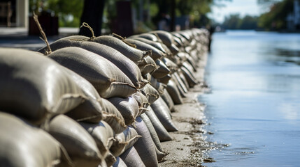 Full line of flood protection sandbags protecting houses from water, flood emergency. ai generative - obrazy, fototapety, plakaty