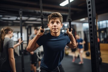 handsome kid male practicing rope climb in a gym - obrazy, fototapety, plakaty