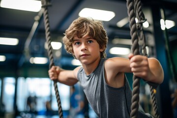 handsome kid male practicing rope climb in a gym