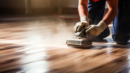 in the hands of a worker there is a machine for polishing the floor covering. ai generative