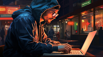 A man in glasses and a hood is sitting at a laptop against the background of a night street. Fantasy concept , Illustration painting.