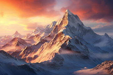 The last light of the day kissing the mountaintops, creating a breathtaking alpine sunset. Concept of mountain vistas and natural wonders. Generative Ai.