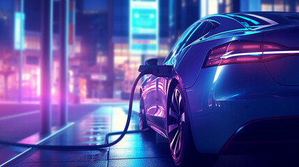 A progressive concept for a car and electric vehicle charging station powered by clean energy with zero CO2 emissions. Electric vehicle charging point. ai generative - obrazy, fototapety, plakaty