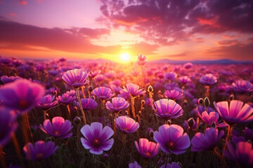 A vibrant sunset over a field of blooming wildflowers. Concept of flora and natural beauty. Generative Ai.