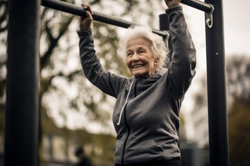 Environmental portrait photography of a satisfied old woman practicing pull ups outdoors. With generative AI technology