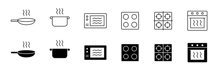 Cook icon. Cooktop, oven, pot, pan, microwave vector icon set. Cook icon line, silhouette - obrazy, fototapety, plakaty