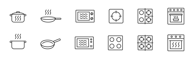Cook icon. Cooktop, oven, pot, pan, microwave vector icon set. Cook icons collection - obrazy, fototapety, plakaty