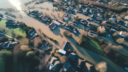 vue aérienne d'un village inondé suite à de très fortes précipitation automnale - obrazy, fototapety, plakaty