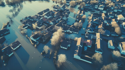 vue aérienne d'un village inondé suite à de très fortes précipitation automnale - obrazy, fototapety, plakaty