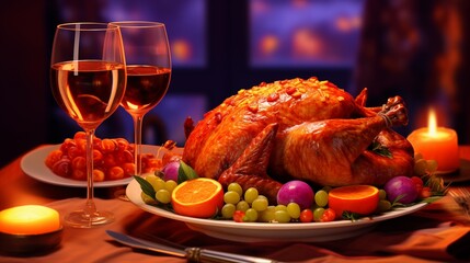 a glass of wine on a table next to a thanksgiving turkey and some fruit. Fantasy concept , Illustration painting.