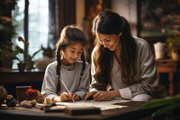 A mother and daughter practicing calligraphy together in their home. Concept of cultural education and bonding. Generative Ai.