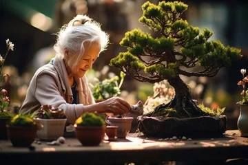 Poster A grandmother and her grandchild gardening together, tending to bonsai trees. Concept of horticulture and family bonding. Generative Ai. © Sebastian