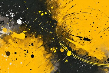 Abstract black and yellow background with halftone technique and brushstrokes.