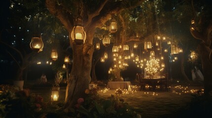 A nighttime wedding including an abundance of antique lamps and candles atop a large tree - obrazy, fototapety, plakaty