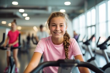 Medium shot portrait photography of a fitness kid female practicing elliptical bike in a gym. With...