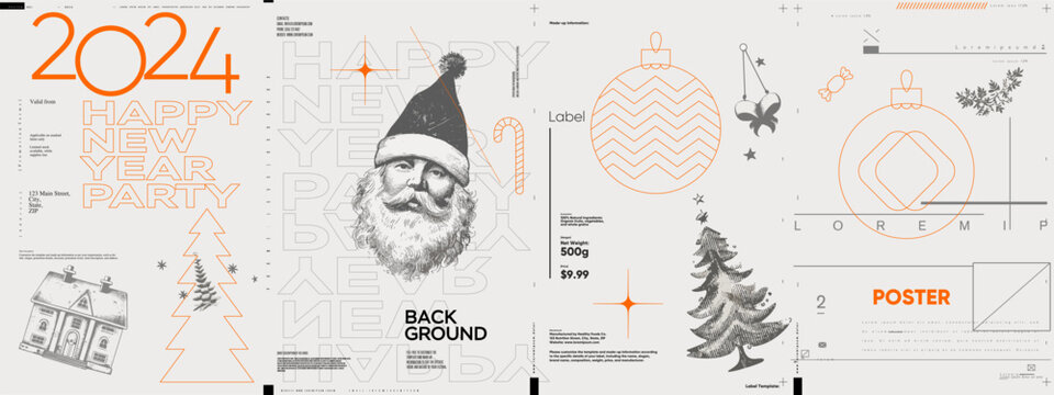 Merry Christmas and Happy New Year! 2024. Modern minimalistic Christmas banner. Vector illustration with elements of typography. Vector geometric objects. Trendy retro style.