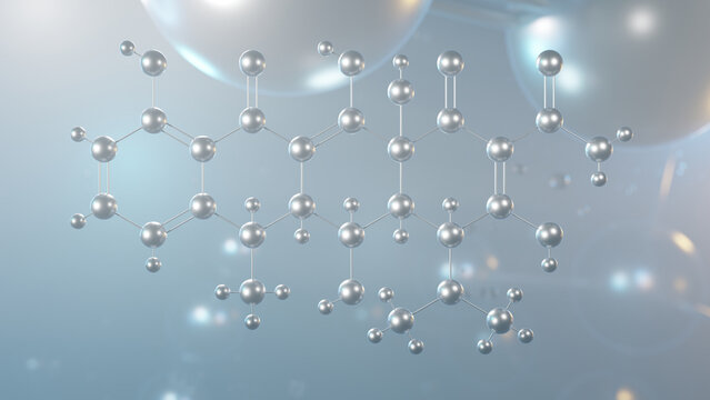 doxycycline molecular structure, 3d model molecule, broad-spectrum antibiotic, structural chemical formula view from a microscope