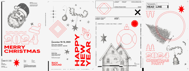 Merry Christmas and Happy New Year! 2024. Modern minimalistic Christmas banner. Vector illustration with elements of typography. Vector geometric objects. Trendy retro style. - obrazy, fototapety, plakaty
